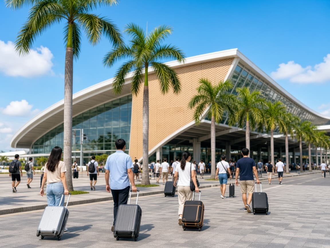 Travelers with suitcases outside Phu Quoc International Airport