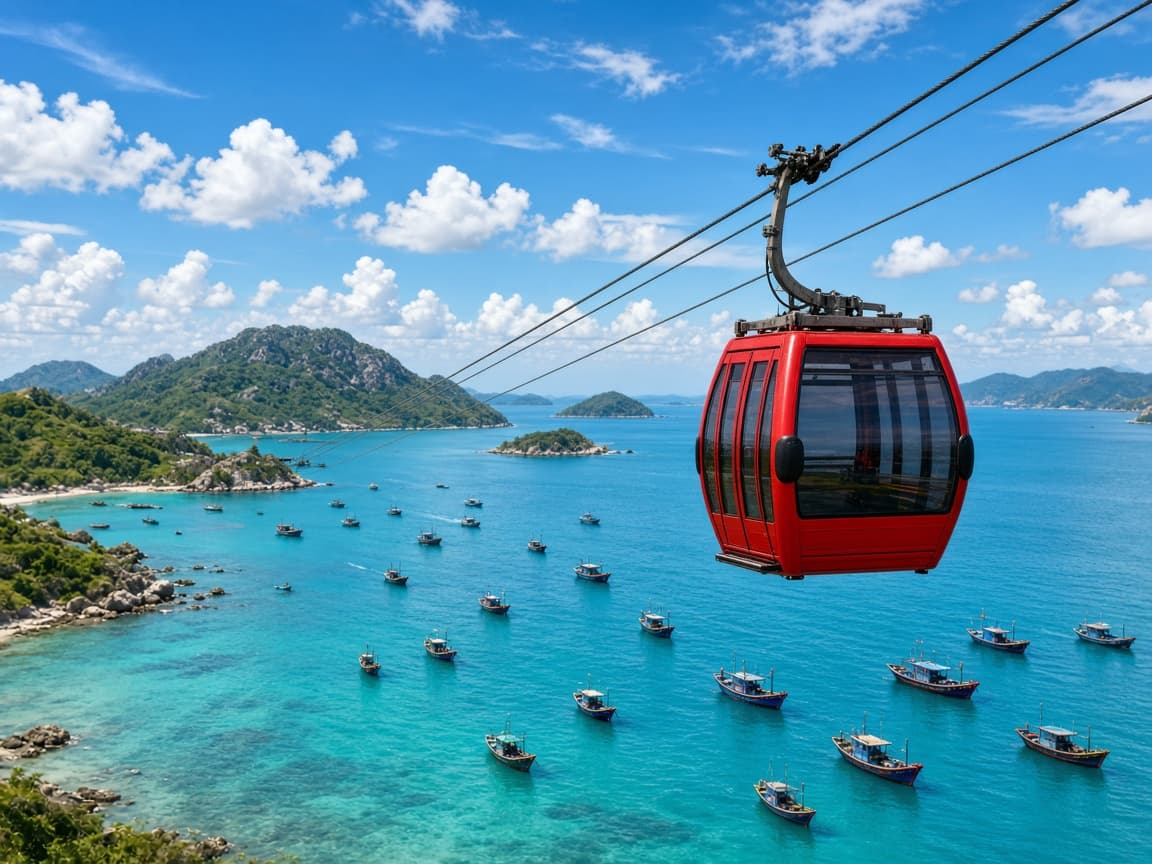 Hon Thom cable car above turquoise water in An Thoi, Phu Quoc