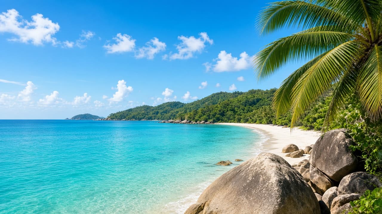Turquoise water and palm trees on a Phu Quoc beach