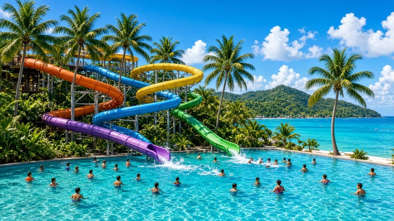 Colourful water slides and pool at a Phu Quoc theme park