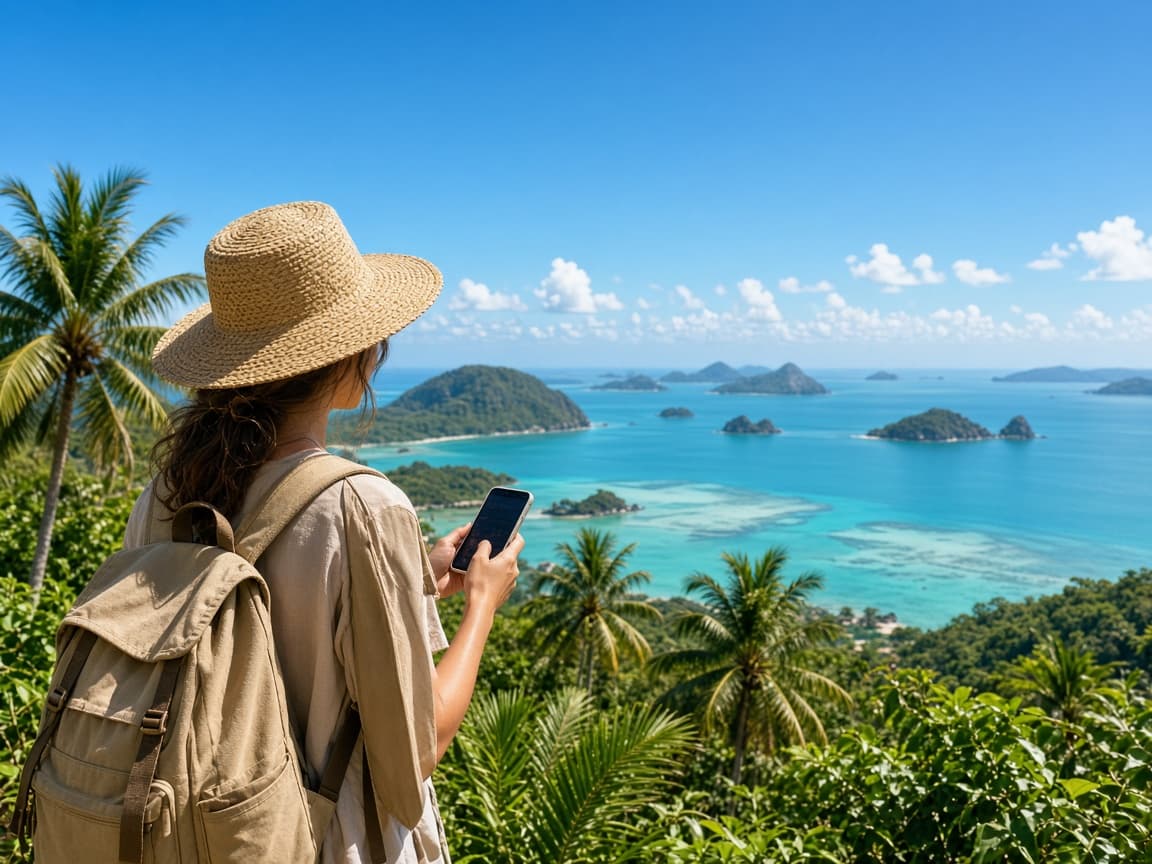 Traveler using her phone above a turquoise bay in Phu Quoc